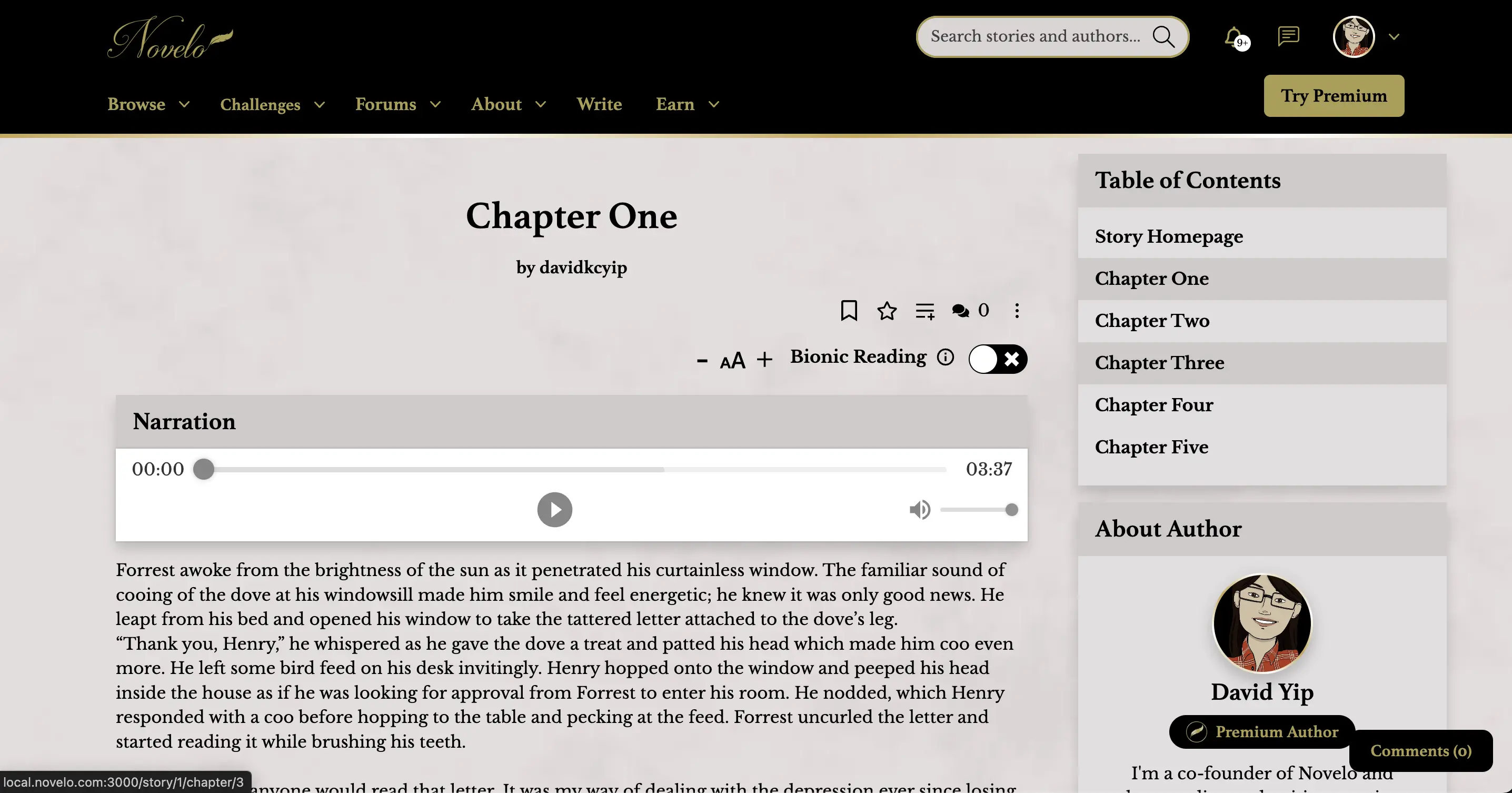 Let Novelo read your stories to your readers. As part of your subscription, you will be able to convert one of stories per month into an audio book for your readers to enjoy. Narrations are displayed above the text of its chapter.